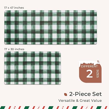 2 Piece Set Plaid Kitchen Mats for Floor Anti Fatigue Waterproof & Non-Skid Kitchen Rugs Cushioned Checkered