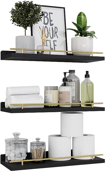 Set of 3 Floating Shelves with Black Metal Guardrail