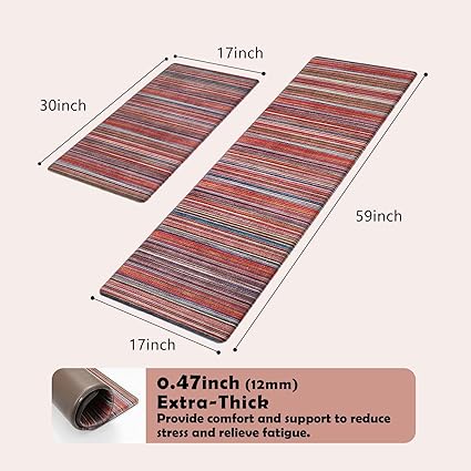 Colorful Stripe Anti Fatigue Non Slip Comfort Cushioned Standing Mat, 17"x47"+17"x30"