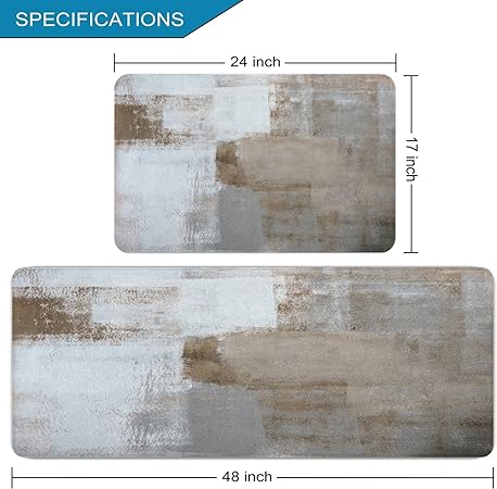 2 Pieces Abstract Anti Fatigue Non Slip Foam Cushioned Blue and Brown Art Painting Comfort Indoor Floor Mat, (17"x48"+17"x24")