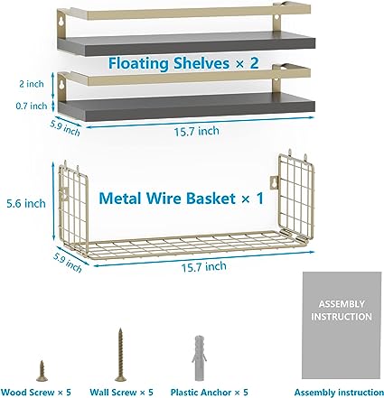 Home Decor Floating Shelves with Towel Bar/Hooks, (Gold-White)