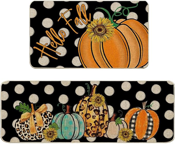 Autumn Harvest Polka Dots Leopard Pumpkin Thanksgiving Low-Profile Floor Mat 17x29 and 17x47 Inch