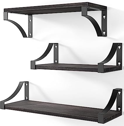 Set of 3 Floating Shelves with Heavy Duty Metal Frame, Hold up to 55lbs, Gray