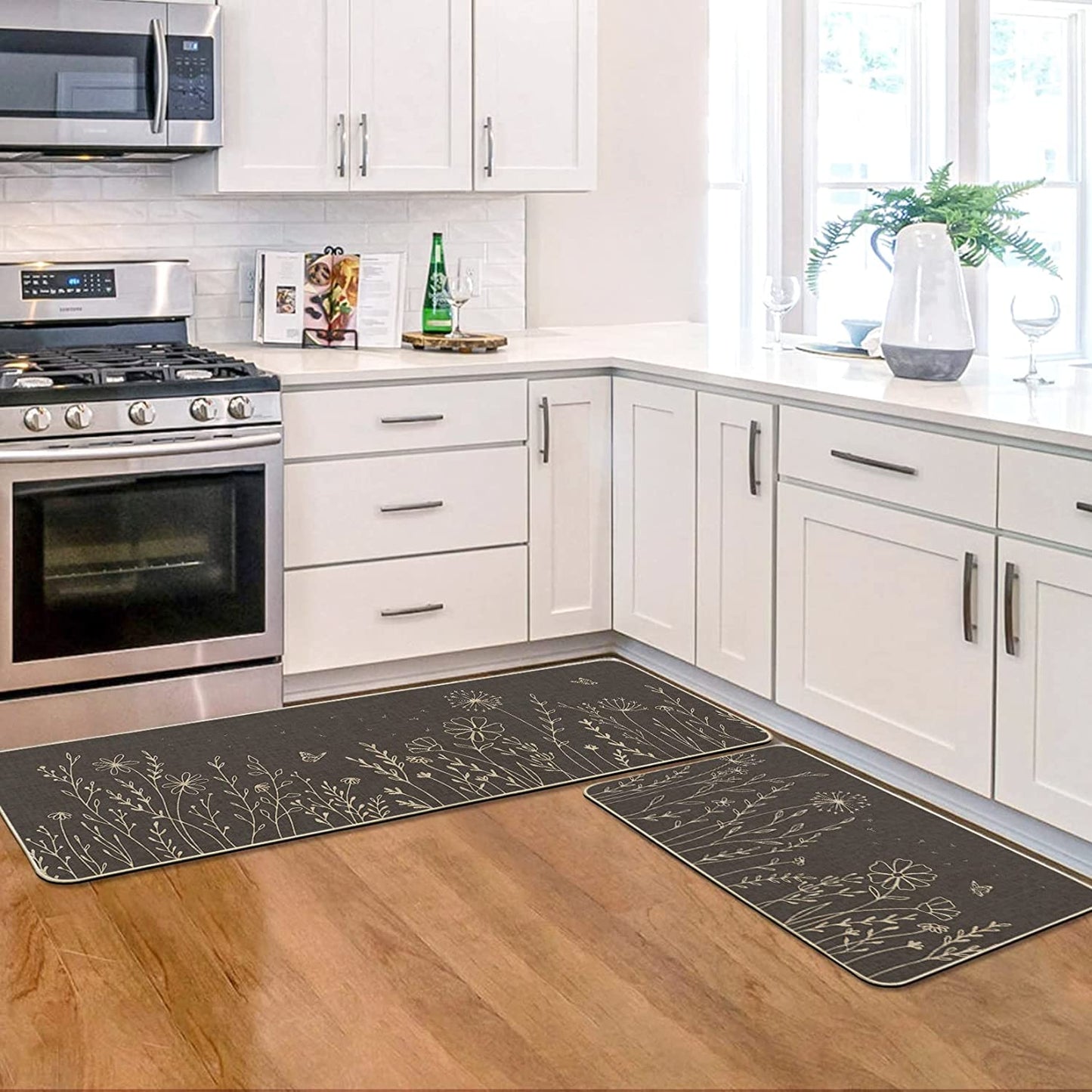 Set of 2 Black Dandelion Low-Profile Kitchen Rugs - 17x29 and 17x47 Inch