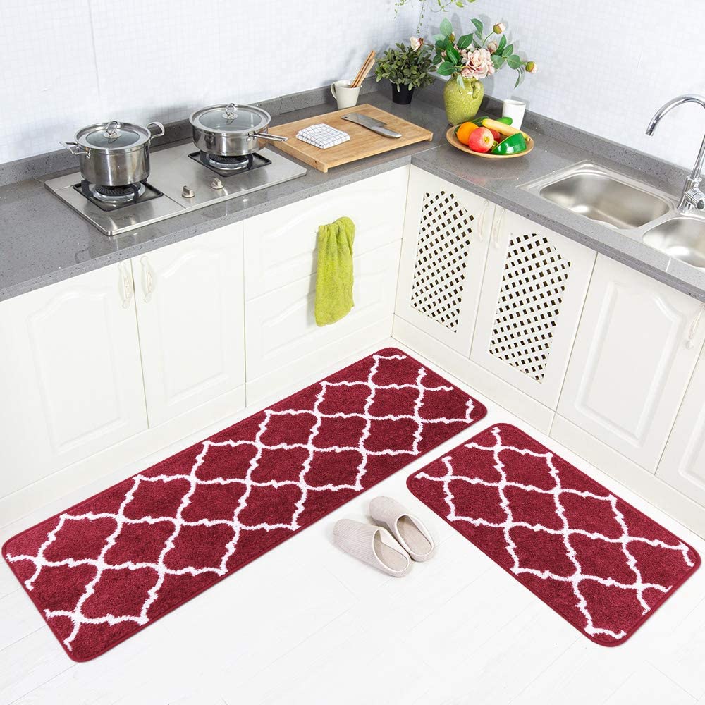 2 Pieces Set Absorbent Soft Microfiber Bath Mat Moroccan Trellis Non-Slip Kitchen Rugs - 17"x48"+17"x24", Grey