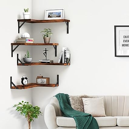 Set of 4, Floating Corner Shelves for Wall Décor Storage, (Grey)…