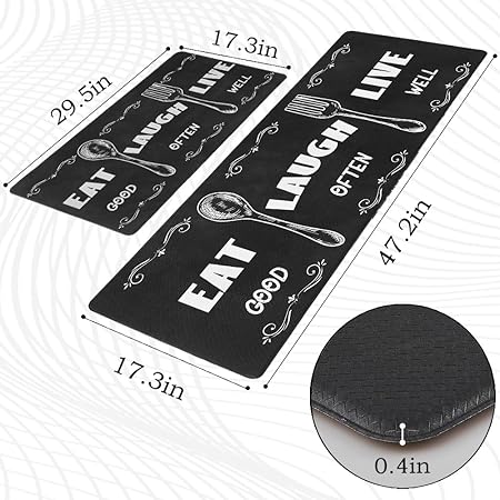 Non-Slip & Comfort Cushioned Waterproof Black Anti-Fatigue Kitchen Mat Set -2 Pieces,