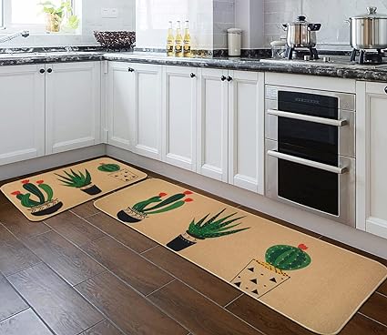 Green Plant Decorative Kitchen Mats Set of 2, Non-Slip Washable Kitchen Floor Rugs, with Rubber Backing Holiday Party-Profile Doormat (Cactus)