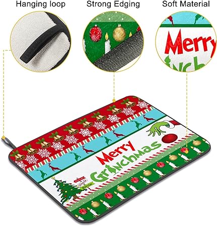 Absorbent Christmas Holiday Ball Dish Drying Mat for Kitchen Countertop, 16 X 18 Inch