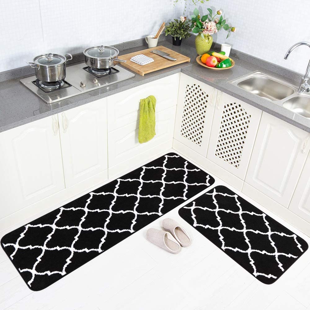 2 Pieces Set Absorbent Soft Microfiber Bath Mat Moroccan Trellis Non-Slip Kitchen Rugs - 17"x48"+17"x24", Grey