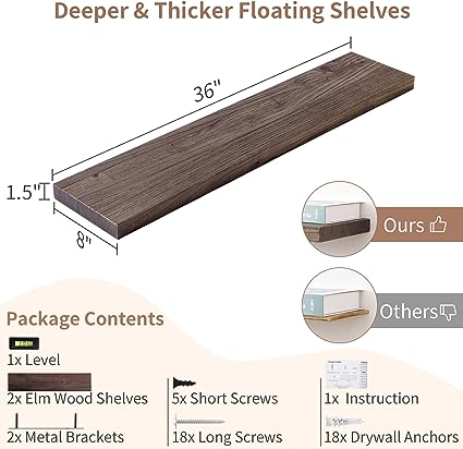 Floating Shelves, 8 Inch Deep Rustic Solid Elm Wood Wall Shelves, 24 Inch Width Set of 2