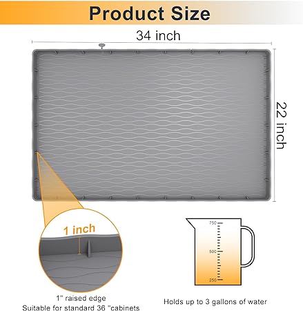 Under Sink Mat for Kitchen Waterproof, 34" × 22" Silicone Bathroom Sink Mat, under sink Liner drip tray and protectors for bottom of kitchen sink, Fits 36'' Stand Cabinets (Black)