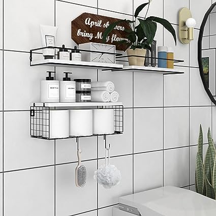 Bathroom Shelves Wall Mounted with Paper Storage Basket -Brown