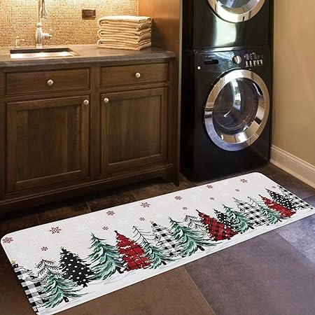 Set of 2 Anti-Fatigue Black and Green Gray Buffalo Xmas Tree Non-Slip  Runner Rug, 16x24n+16x47in