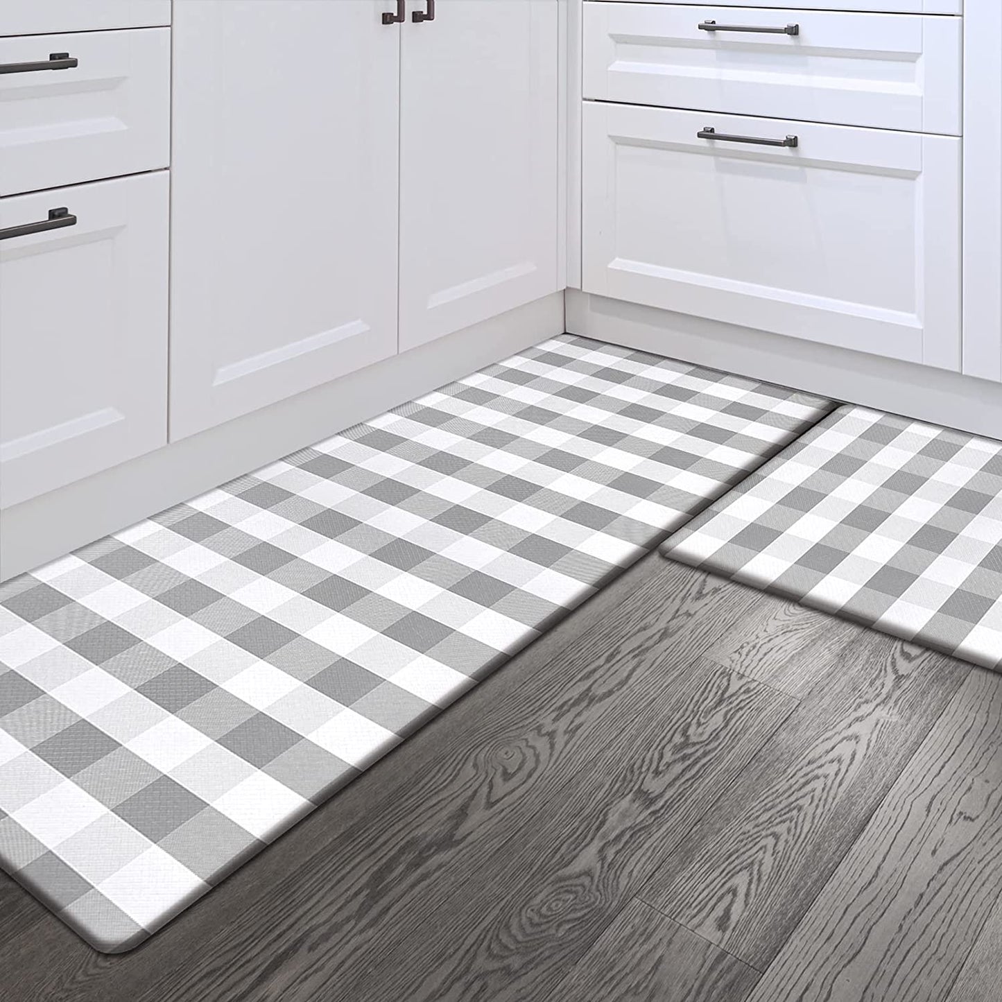 Set of 2 Anti Fatigue, Non Slip Waterproof Comfort, 0.4 Inch Thick, Gray and White Buffalo Plaid (Size:17"x28"&17"x47")