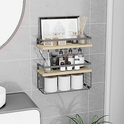 Home Decor Floating Shelves with Towel Bar/Hooks, (Gold-White)