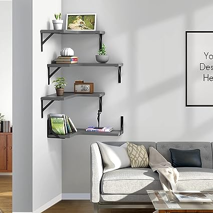 Set of 4, Floating Corner Shelves for Wall Décor Storage, (Grey)…