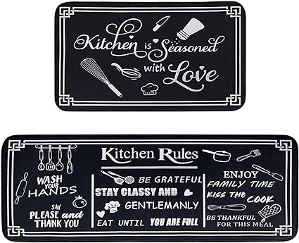 Non Skid Washable Microfiber mats for Kitchen Floor, Kitchen Rules Theme Kitchen Cushioned Runner Rug Decor Sets of 2,Size 17"x 47"+17"x 30"