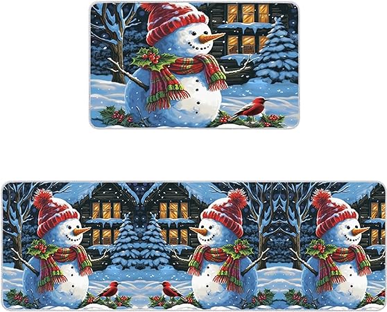 Set 2 Pieces Cute Santa Claus Decor Red Black Buffalo Plaid Non Slip Washable  Kitchen Rugs, 15.7" x 23.6"+15.7" x 47.2"