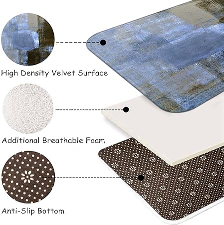 2 Pieces Abstract Anti Fatigue Non Slip Foam Cushioned Blue and Brown Art Painting Comfort Indoor Floor Mat, (17"x48"+17"x24")