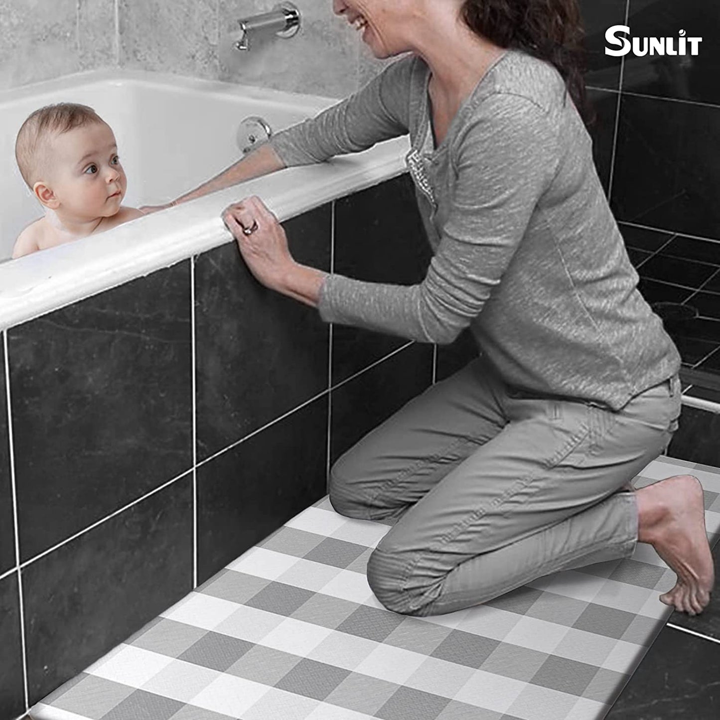 Set of 2 Anti Fatigue, Non Slip Waterproof Comfort, 0.4 Inch Thick, Gray and White Buffalo Plaid (Size:17"x28"&17"x47")