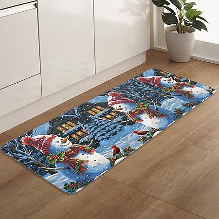 Set 2 Pieces Cute Santa Claus Decor Red Black Buffalo Plaid Non Slip Washable  Kitchen Rugs, 15.7" x 23.6"+15.7" x 47.2"