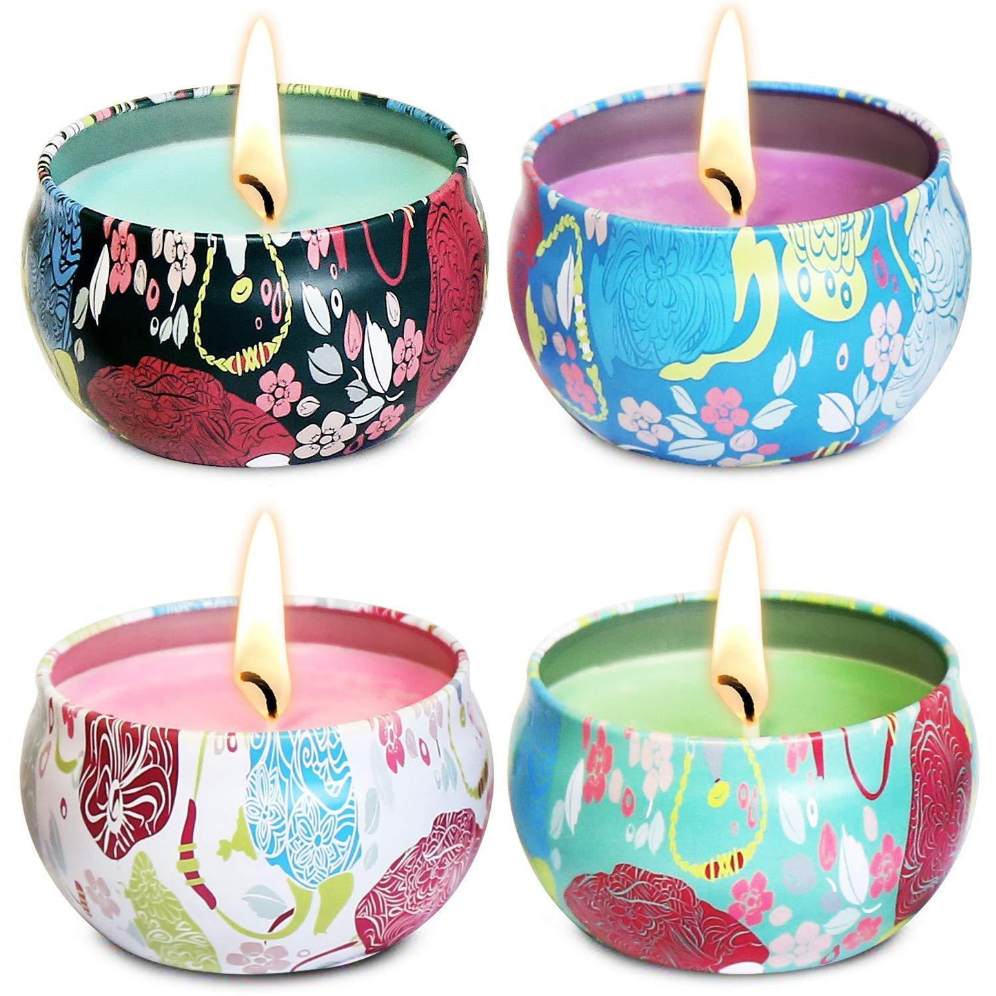 Scented Candles Natural Soy Wax - Jasmine, Lotus, Lilac Blossoms & White Gardenia - Set Gift of 4