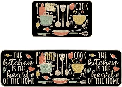 The Kitchen is The Heart of The Home Kitchen Mats Set of 2, Seasonal Cooking Sets Holiday Party Low-Profile Floor Mat for Home Kitchen - 17x29 and 17x47 Inch