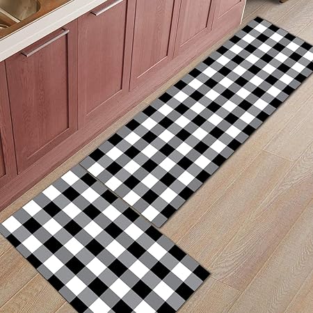 2 PCS Black and White Buffalo Plaid Cushioned Kitchen Rugs, 17"X48"+17"X24"