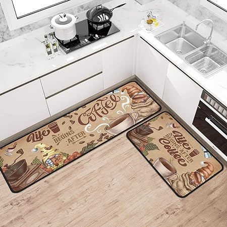 2 Piece Washable Non-Slip Black Boho Kitchen Mats