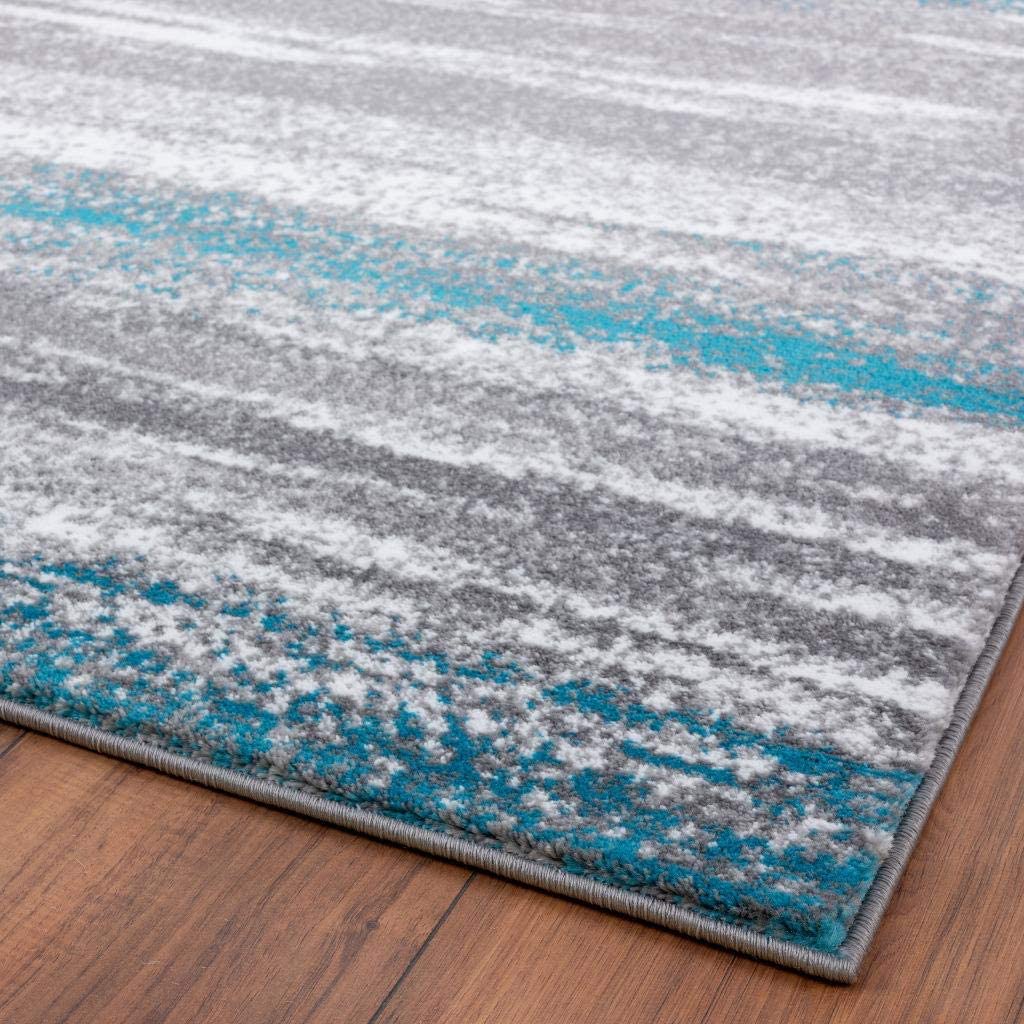 Modern Abstract Soft Ivory Grey Turquoise Area Rug