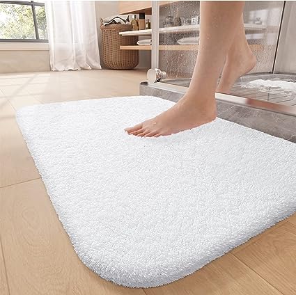 Upgrade Your Bathroom with Soft Plush White Microfiber Bath Mat - Non Slip, Absorbent, Washable, Quick Dry, 16"x24" Bath Rug Bathroom Carpet for Shower