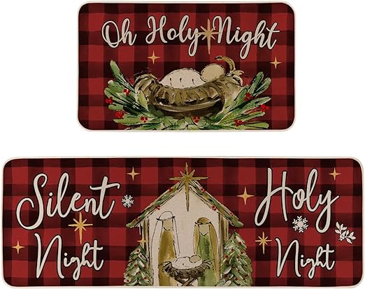 Anti-Slip O Holy Night Red Buffalo Plaid Christmas Kitchen Rugs Set of 2, 17x29 and 17x47 Inch