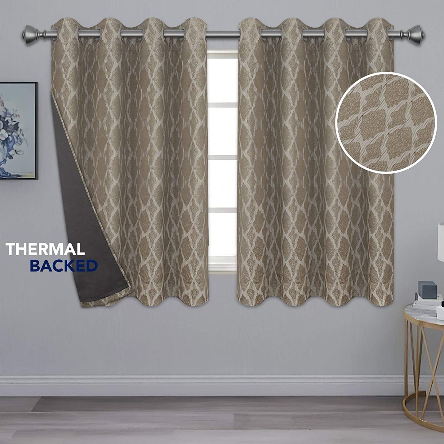 Jacquard Blackout Curtains for Bedroom, Cold/Heat/Sun Blocking and Noise Reduction Thermal Insulated Window Drapes, Camel, 52 x 63 inch Length, Set of 2 Grommet Curtain Panels