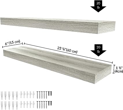 Floating Shelves, 2-Pack 24" Wood Wall Mounted, 6" Deep - Gray Oak