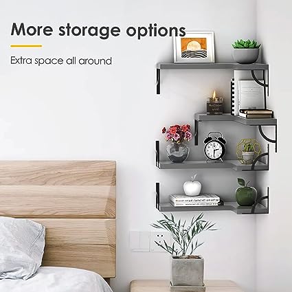 Set of 4, Corner Wood Display Storage Wall Mounted  Floating Shelves