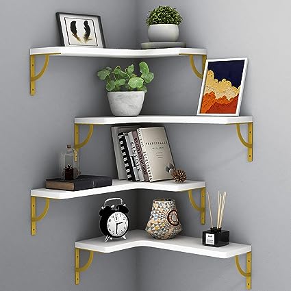 Set of 4, Corner Wood Display Storage Wall Mounted  Floating Shelves