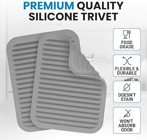 2 Pack (9"x12")Multi-Purpose & Versatile, Heat Resistant Silicone Trivets for Hot Pots and Pans - Black