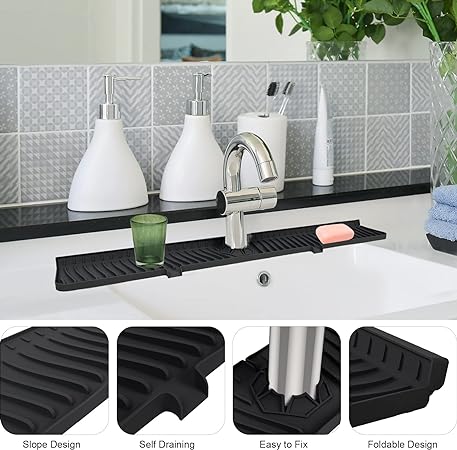 30" Sink Longer Silicone Faucet Handle Drip Catcher Tray (Black)