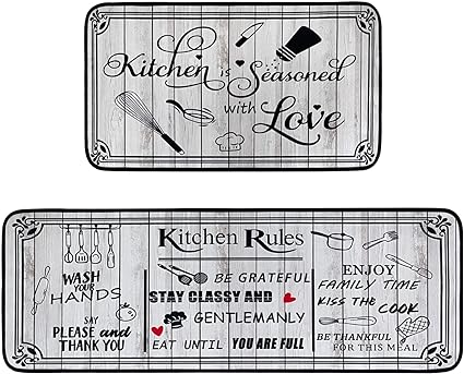 Non Skid Washable Microfiber mats for Kitchen Floor, Kitchen Rules Theme Kitchen Cushioned Runner Rug Decor Sets of 2,Size 17"x 47"+17"x 30"