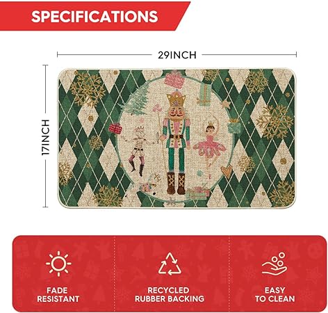 Green Diamond Plaid Nutcracker Christmas Doormat, 17x29 Inch