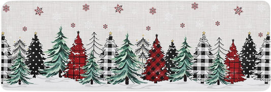 Set of 2 Anti-Fatigue Black and Green Gray Buffalo Xmas Tree Non-Slip  Runner Rug, 16x24n+16x47in