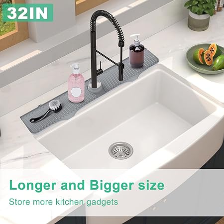 Sink Splash Guard, 32” x 5.5”, Longer Faucet Mat, Silicone Splash Guard Behind Faucet, Water Drip Catcher Mat for Kitchen, Bathroom Laundry Room, Farmhouse, Bar & RV (Black)