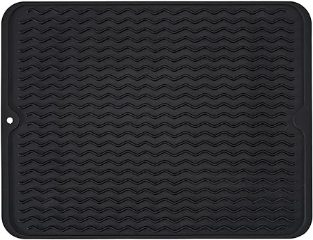 Silicone Non-Slip Easy Heat-resistant Dish Drainer Mat for Kitchen Counter, Sink, Refrigerator or Drawer liner (16" x 12", BLACK)