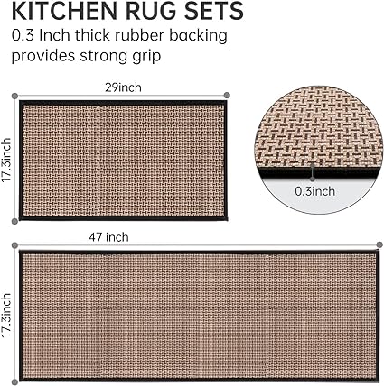 Non Skid Washable Set of 2 PCS, Absorbent Runner Rugs for Kitchen, Front of Sink, Kitchen Mats for Floor, 17.3"x 47"+17.3"x 29" (Black)