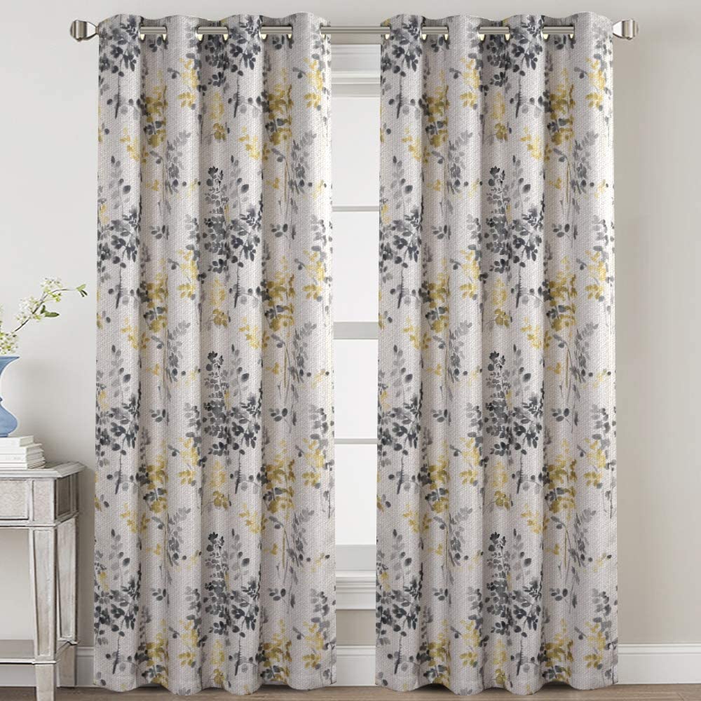 Linen Blackout Curtains 63 Inches Burlap Effect Linen Curtain Draperies for Grey Floral Printing Grommet 2 Panel