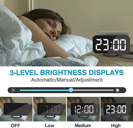 Digital Alarm Clock,6" Large LED Display with Dual USB Charger Ports | Auto Dimmer Mode | Easy Snooze Function, Modern Mirror Desk Wall Clock for Bedroom Home Office for All People (Gold)