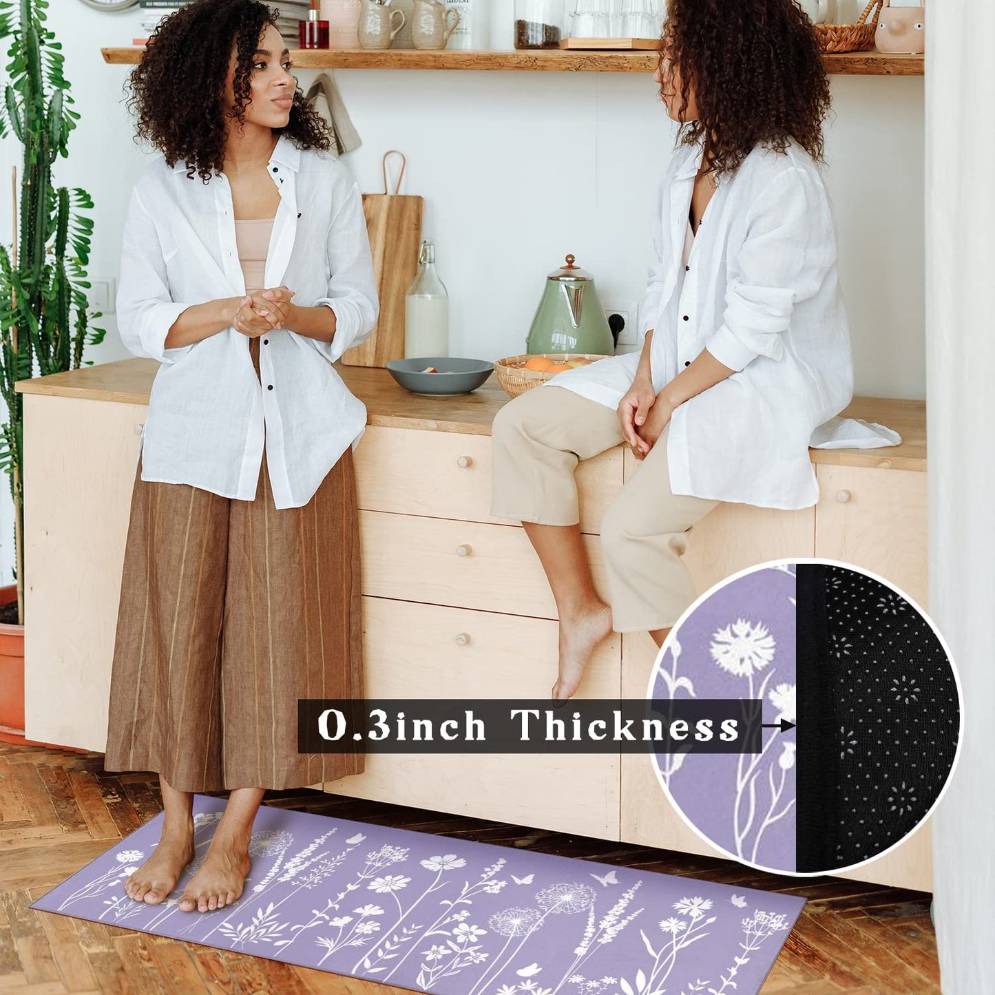 Set of 2- Plant Floral Butterfly Kitchen Rugs with Runner Decor Accessories Things - 17x30 and 17x48 Inch