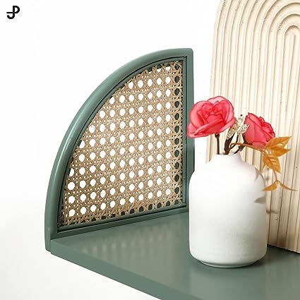 Decorative Wooden Wall Shelf with Rattan, Set of 2 (Green)