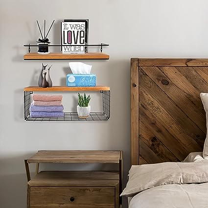 Wooden Floating Shelves Wall Mounted 3 Packs with L Iron Brackets (Hook-Up, Dark Brown)